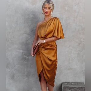 Orange satin wedding guest dress in size S